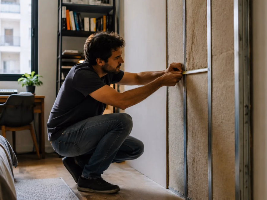 Pared con varios espesores de trasdosado y comparación del espacio útil antes y después de insonorizar